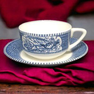 Currier & Ives Blue Flat Cup and Saucer Set